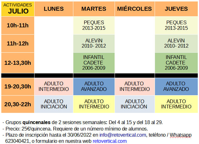 Tabla de horarios de actividades de RetoVertical