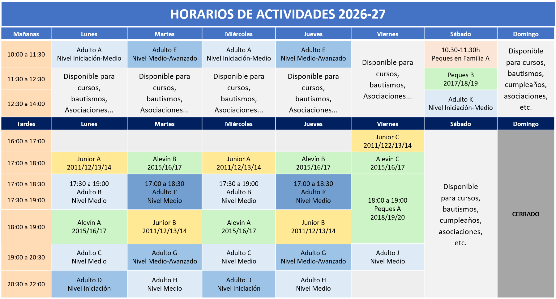 Tabla de horarios de actividades de RetoVertical