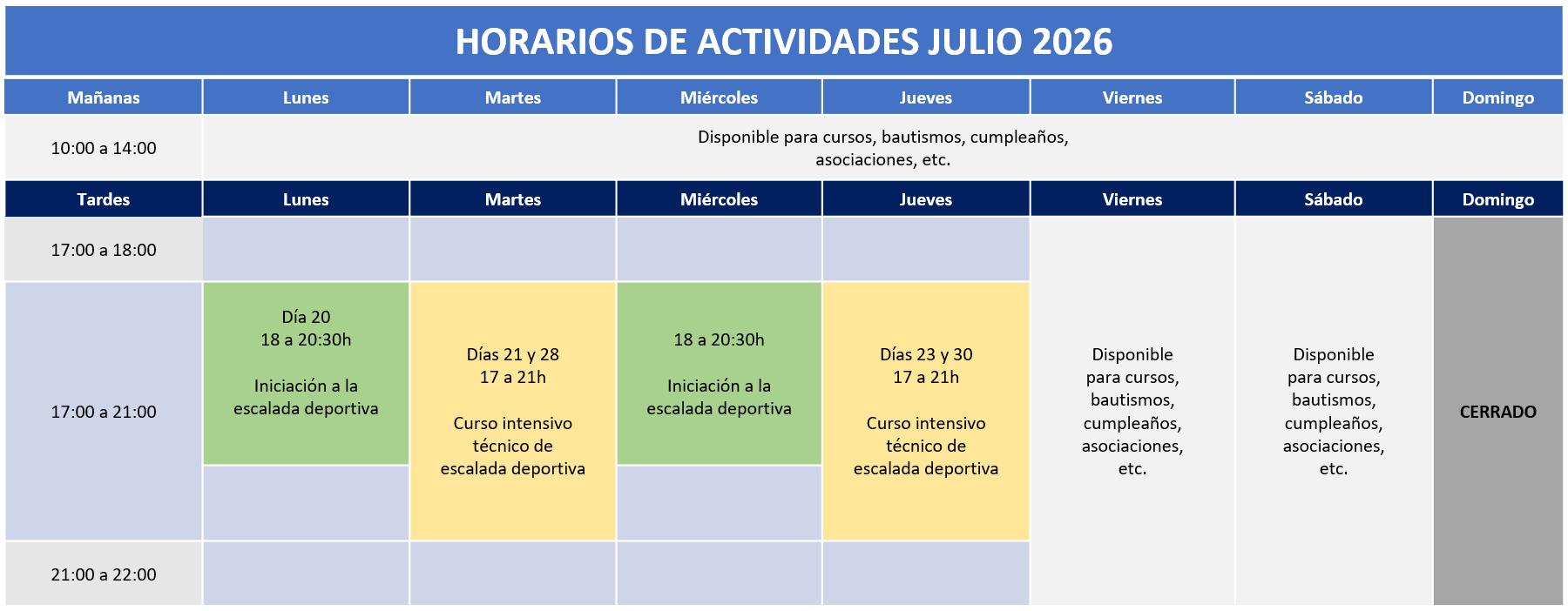 Tabla de horarios de actividades estivales de RetoVertical